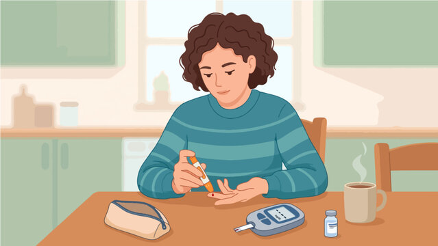 Diabetic Woman Checking Blood Sugar at Home Kitchen Table with Lancet Glucometer and Insulin Bottle, Flat Illustration of Diabetes Self Management Blood Glucose Monitoring Daily Routine Healthcare