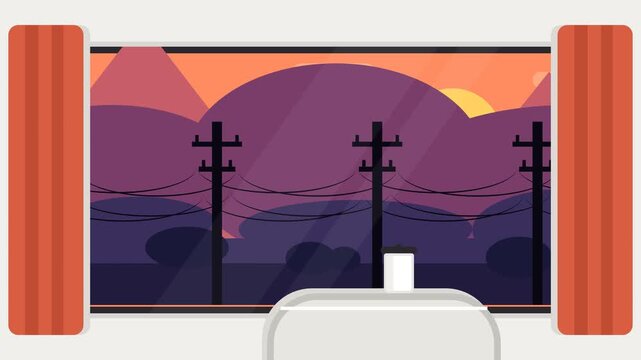 Train Window View of Sunset Mountain Landscape with Power Lines Flat Design Vector Animation Scenery