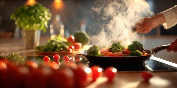 The Skillet of Steaming Vegetables Sizzles with Broccoli and Cherry Tomatoes
