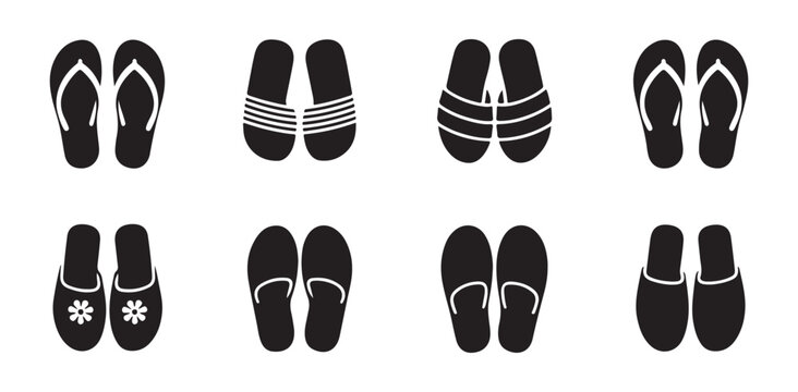 Set of black flip flop sandals icons on white background art.