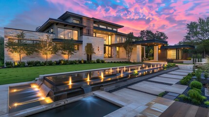 Obraz premium Modern home with a water feature and a beautiful sunset sky.