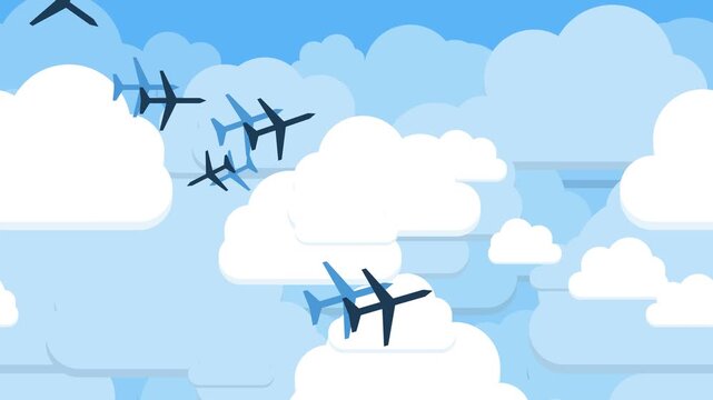 Minimalist Flat 2D Animation of Multiple Airplanes Flying Through Fluffy White Clouds in a Clear Blue Sky