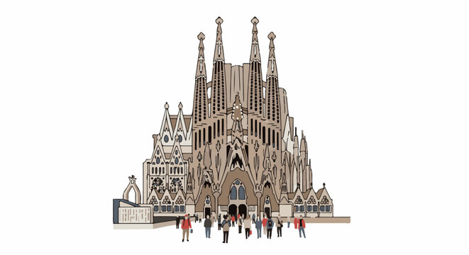 A stylized illustration of a grand cathedral with multiple spires and a crowd below
