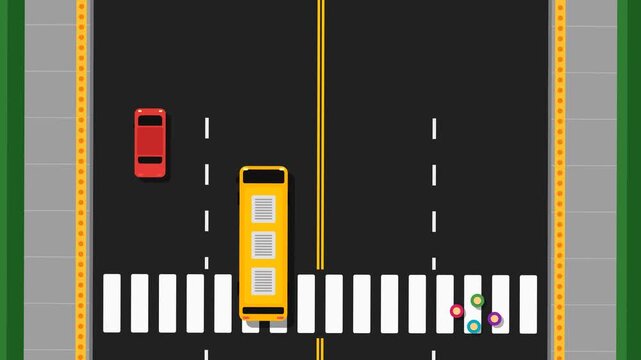 Top Down View Flat Vector Illustration of City Street with Crosswalk Vehicles and Pedestrians
