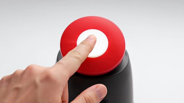 Hand Pressing Red Buzzer Button for Game Victory Moment