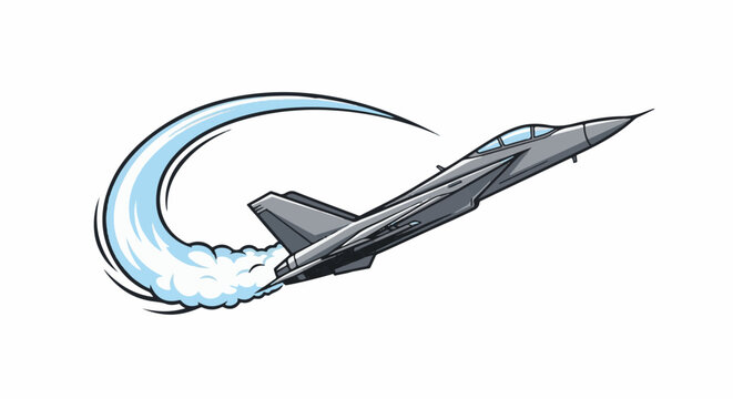 A stylized jet fighter streaks across a white background leaving a blue contrail