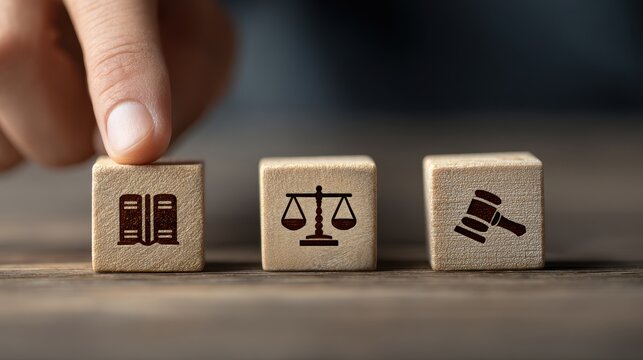 Legal concepts represented by law book, scales of justice, and gavel on wooden blocks