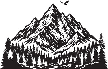 Fototapeta premium Mountain range landscape, black and white vector, illustration of snow-capped peaks, pine forest