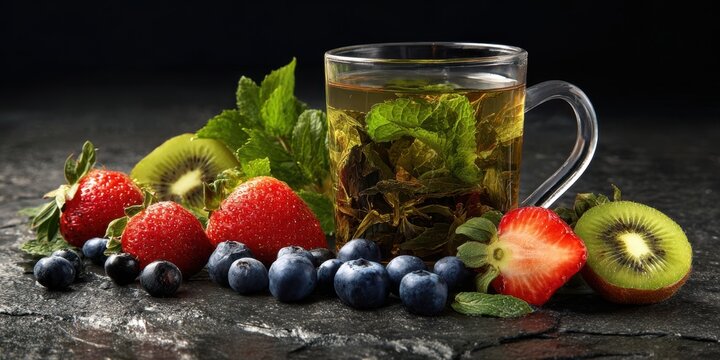 The glass of mint tea with fresh strawberries blueberries kiwi and mint leaves on black