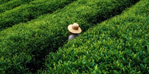 Obraz premium The tea picker immersed in lush green tea plantation rows under bright natural light