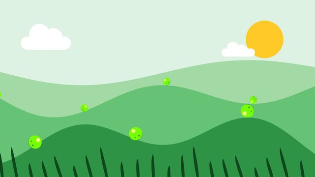Minimalist Cartoon Green Hills Landscape with Cute Rolling Slime Creatures and Bright Sun Vector Animation