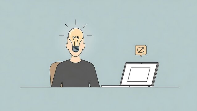Creative man with lightbulb idea at desk.