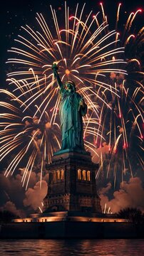 Statue of Liberty with fireworks at night, patriotic USA and America freedom celebration and national pride concept, Fourth of July, America 250.