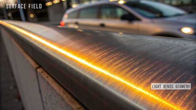 Close-Up of Metallic Surface with Light Reflections and Textures in Urban Environment Showcasing Abstract Geometry and Visual Effects