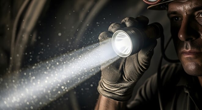 Miner aiming bright flashlight beam in dark underground tunnel