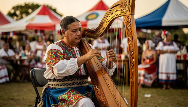 Woman playing traditional Paraguayan harp at outdoor cultural festival