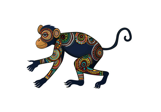 cheerful monkey inspired by gond folk art, isolated transparent background, colorful tribal body patterns
