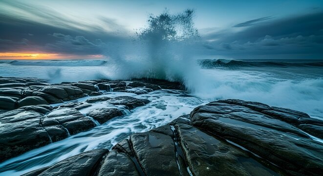 Dramatic ocean waves crash against dark tide pools at dusk