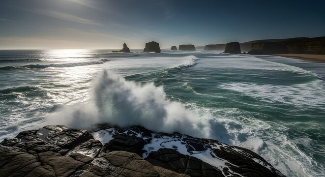 Dramatic Ocean Waves Crashing Against Coastal Rock Formations