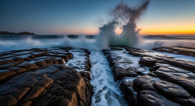 Dramatic Ocean Waves Crashing Against Coastal Rock Tide