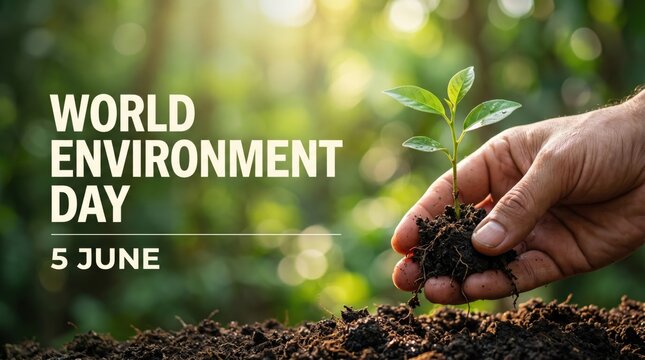 World Environment Day 5 June banner, hand planting young green sprout in soil, ecology and reforestation concept, sustainable nature conservation
