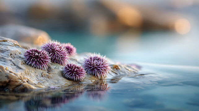 Sea urchins attached to tide pool rocks, showcasing vibrant textures and natural coastal detail in a clean minimalist shoreline scene.