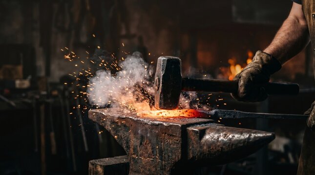 A blacksmith in a dark workshop hammers a glowing piece of metal on an anvil, creating a dramatic display of sparks and smoke. Traditional metal forging craft.
