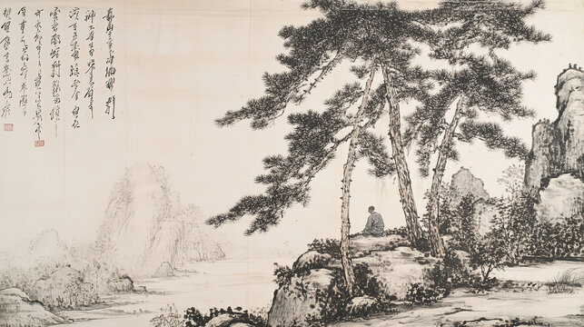 Old style Chinese ink painting right side tall pine tree with long branches extending forward white background black ink rocks and flowing water in distance serene figure seated by stream bottom panor