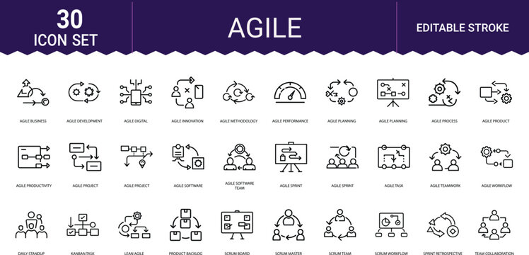 Agile business management icons set featuring workflow process and project planning tools.