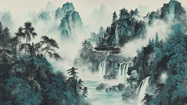 Ink landscape distant mountains waterfalls clear river thick dark blue green trees foreground ancient house among pines white clouds delicate brushwork soft lines high clarity rich detail sharp contra