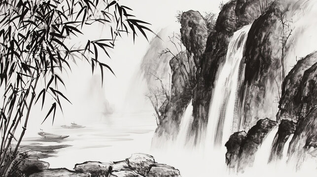 Ink style Chinese landscape mountain cliffs waterfalls traditional scroll white ground foreground green bamboo small boat lower left mid rocks large dark gray black rock rear right soft light close up