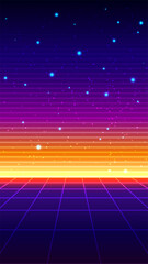 Synthwave background with neon retro grid and glowing sunset in 80s aesthetic style, digital landscape and music cover design © rarinlada