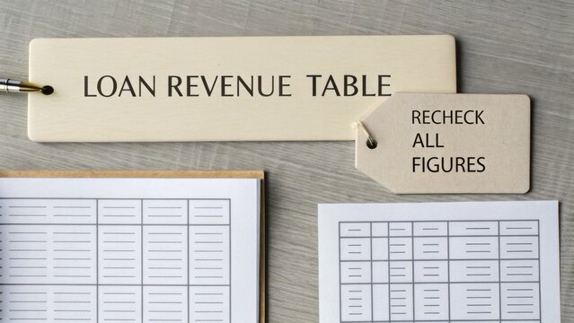 Financial overview with loan revenue table sign, note to recheck all figures, accounting sheets on wooden surface, precision in finance and budgeting