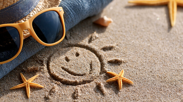 Summer beach smiley sun face drawing in sand with accessories for a fun holiday and vacation concept. Smiling sun sand, beach accessories, fun holiday, vacation concept, with copy