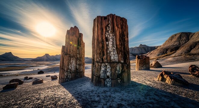 Dramatic rock pillars at sunset in desolate Icelandic landscape