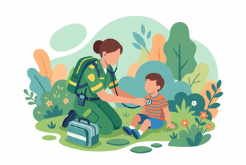 Fototapeta premium Paramedic providing first aid to a child in a public park setting