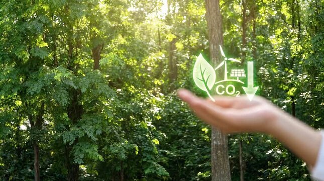 Serene Hand Holding Eco-Friendly Icons In Lush Green Environment
