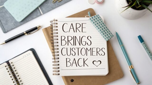 Inspirational Notepad with Message about Customer Care on Flat Lay Desk, Motivational Workspace Ideas for Businesses Focused on Engagement