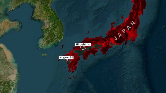 Map of Japan highlighting Hiroshima and Nagasaki city locations clearly