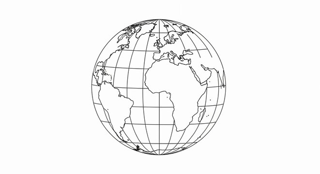 Abstract line art depiction of a wireframe globe showing continents and latitude/longitude lines, symbolizing global connection, on a pure white background with clean minimalist design.