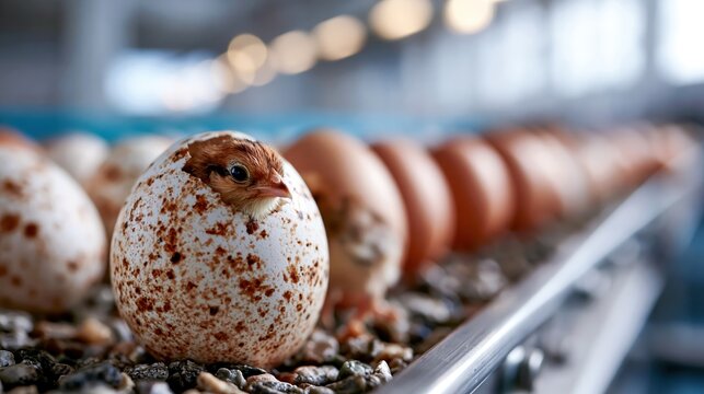 Fresh eggs on conveyor with chick silhouette symbolizing natural origin, freshness, and quality