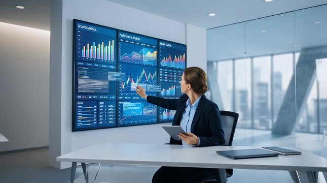 Professional Woman Analyzing Data on Screens in Modern Office