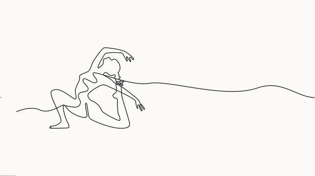 Animated self drawing of continuous line draw of Young happy woman doing yoga, Minimalist one line drawing animation of a woman performing yoga  pose demonstrating strength flexibility,
