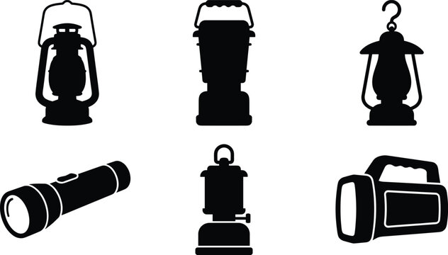 Camping lantern and flashlight silhouette collection with portable outdoor lighting equipment isolated on gray background