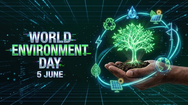 World Environment Day 5 June digital banner, glowing green tree in hand with eco icons, futuristic sustainability and renewable energy concept