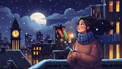 Fototapeta premium Woman looking out at snowy city.