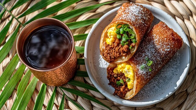 Delicious egg rolls and drink.