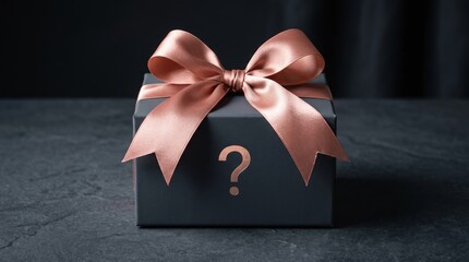 Naklejka premium Elegant mystery gift box with rose gold ribbon, black surprise package with question mark, luxury giveaway concept