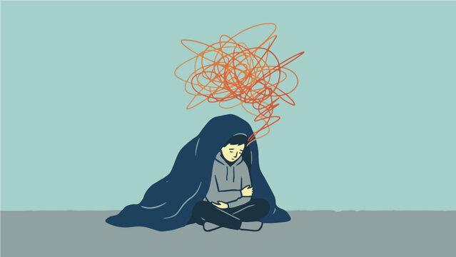Depressed Person Wrapped in Blanket with Chaotic Orange Thought Scribble Above Head, Flat Illustration of Mental Health Depression Anxiety Loneliness and Overthinking Concept Psychology Emotional Dis