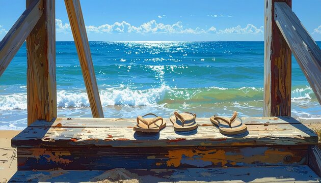 Flip-flops left on wooden beach stairs overlooking ocean waves